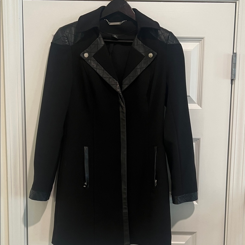 White House Black Market Black Trench Coat with Leather Details